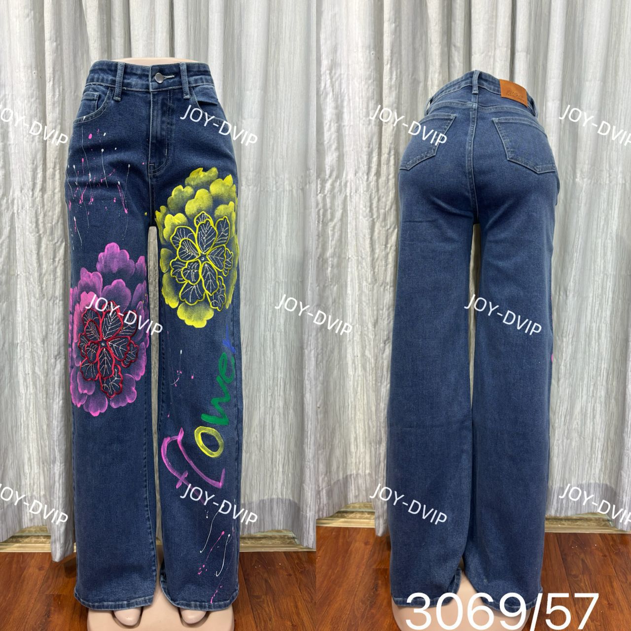 Women's Floral Embroidery Paint Splash Straight Leg Jeans Colorful Flower Graphic High Waist Denim Pants Dark Blue