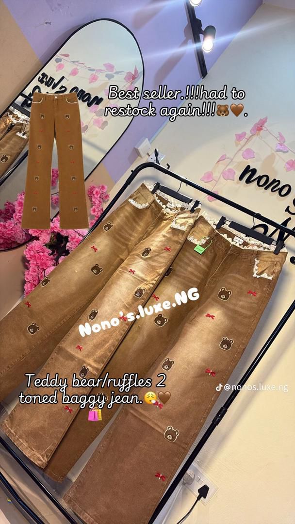 Teddy Bear and Red Bow Embroidery High Waist Straight Leg Jeans Ruffle Waist Trim Cute Kawaii Denim Pants Camel Brown