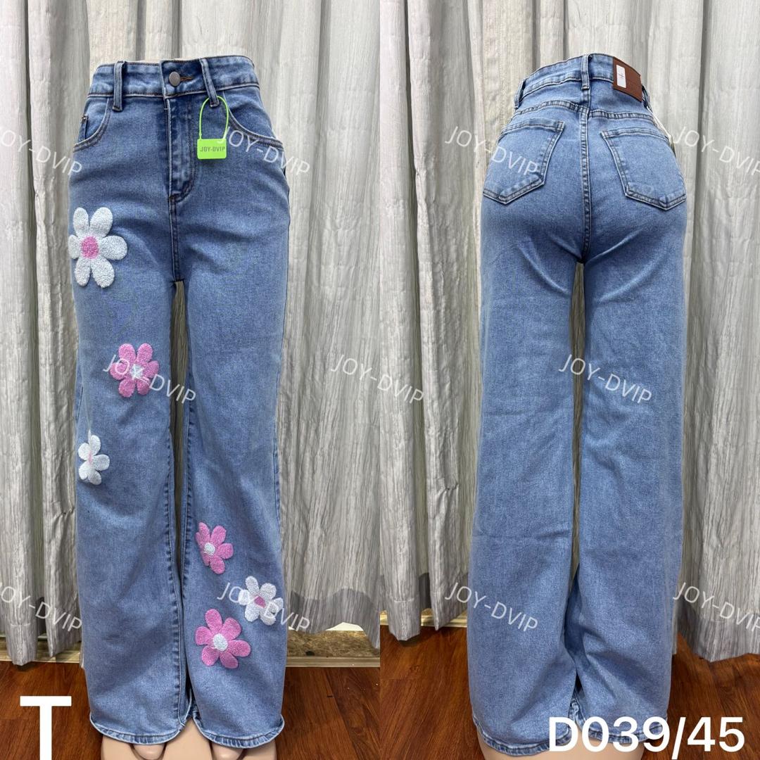 Joy-Dvip Daisy Flower Embroidery Patch High Waist Wide Leg Straight Jeans Split Hem Denim Pants Light Blue