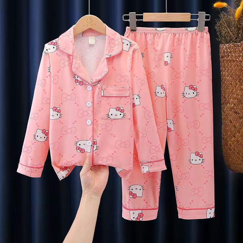 Cute Cartoon Cat Print Girls Pajama Set Long Sleeve Button-Down Sleepwear 2-Piece