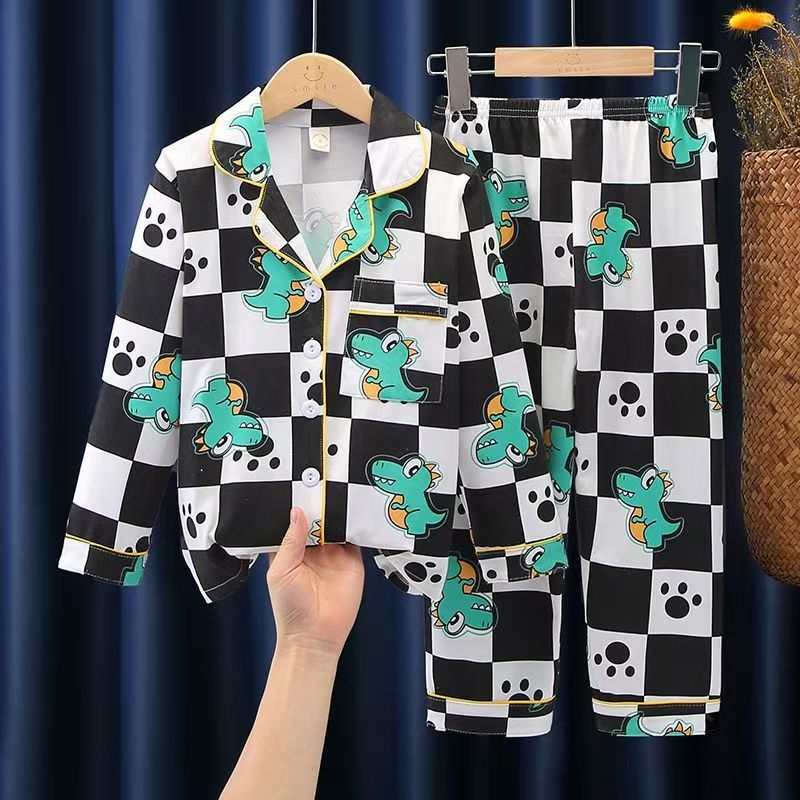Cartoon Dinosaur Checkerboard Print Boys Pajama Set Long Sleeve Button-Down Sleepwear 2-Piece