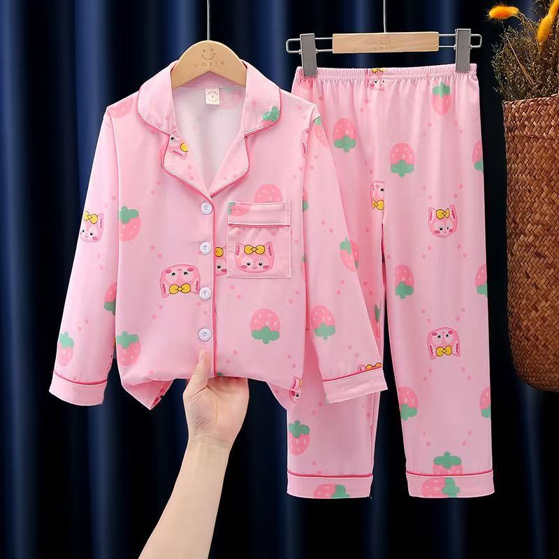 Strawberry Cartoon Bunny Print Girls Pajama Set Long Sleeve Button-Down Sleepwear 2-Piece