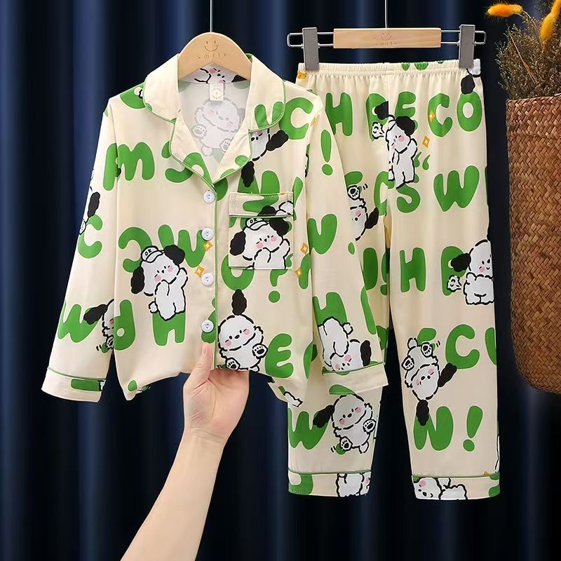 Cartoon Puppy Letter Print Kids Pajama Set Long Sleeve Button-Down Sleepwear 2-Piece
