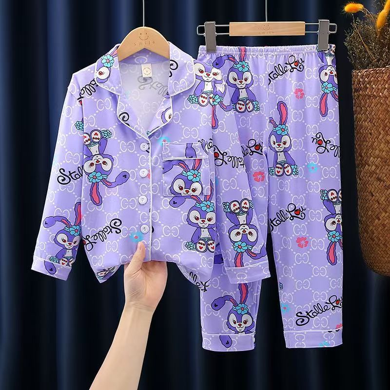 Cartoon Bunny Character Allover Print Girls Pajama Set Long Sleeve Button-Down Sleepwear 2-Piece