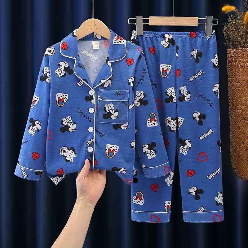 Cartoon Mouse Heart Print Kids Pajama Set Long Sleeve Button-Down Sleepwear 2-Piece