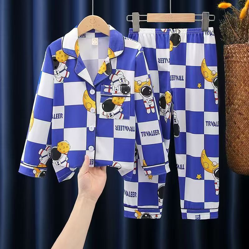 Cartoon Astronaut Checkerboard Print Boys Pajama Set Long Sleeve Button-Down Sleepwear 2-Piece