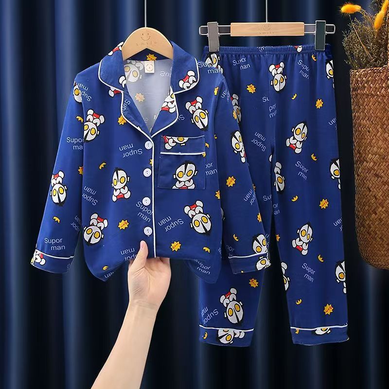 Cartoon Superhero Robot Star Print Boys Pajama Set Long Sleeve Button-Down Sleepwear 2-Piece