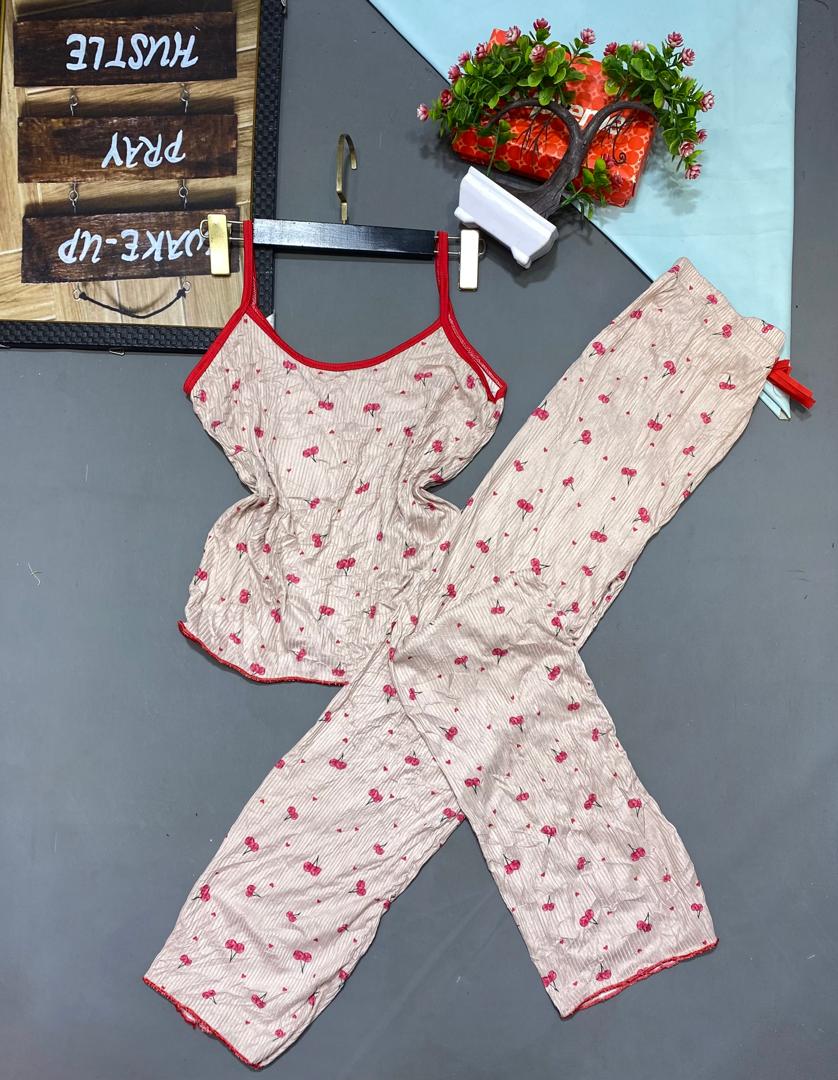 Cherry Print Ribbed Cami Pajama Set Spaghetti Strap Sleeveless Top and Pants 2-Piece Sleepwear