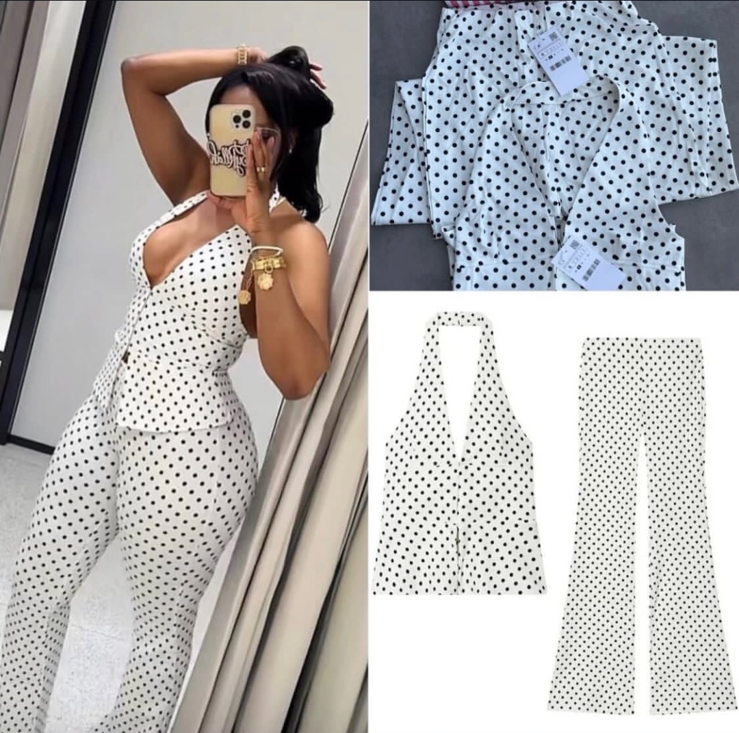 Women's 2-Piece Polka Dot Matching Set, Sexy Halter V-Neck Button-Up Vest & High Waisted Flared Pants Suit, Summer Fashion Streetwear Co-ord Set