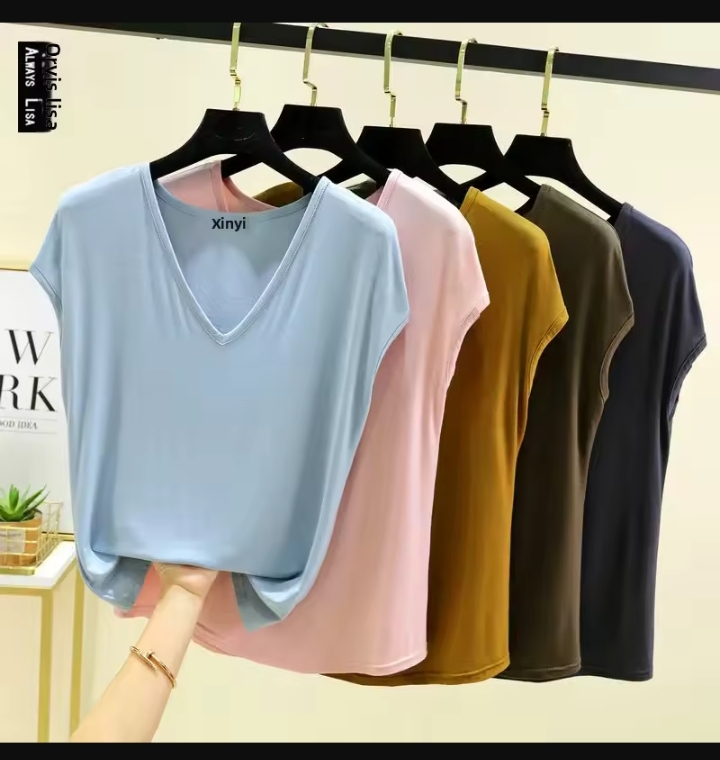 Women's Casual V-Neck Cap Sleeve T-Shirt – Loose Fit Ice Silk Feel Summer Tunic, Solid Color Lightweight Drape Top