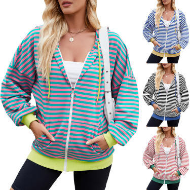 Women's Striped Color Block Zip-Up Hoodie – Casual Loose Fit O-Ring Zipper Sweatshirt, Y2K Style Drop Shoulder Lightweight Jacket with Pockets