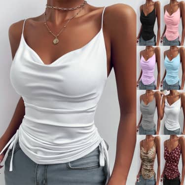 Women's Sexy Cowl Neck Satin Cami Top – Ruched Side Drawstring Spaghetti Strap Tank Top, Slim Fit Night Out Clubwear Blouse