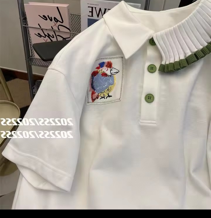 Women's Floral Embroidery Patch Polo Short Sleeve Oversized T-Shirt Knit Collar Detail Casual Top White 2