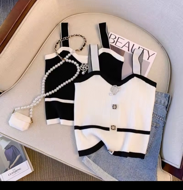 Luxury Contrast-Strap Knit Camisole with Decorative Buttons