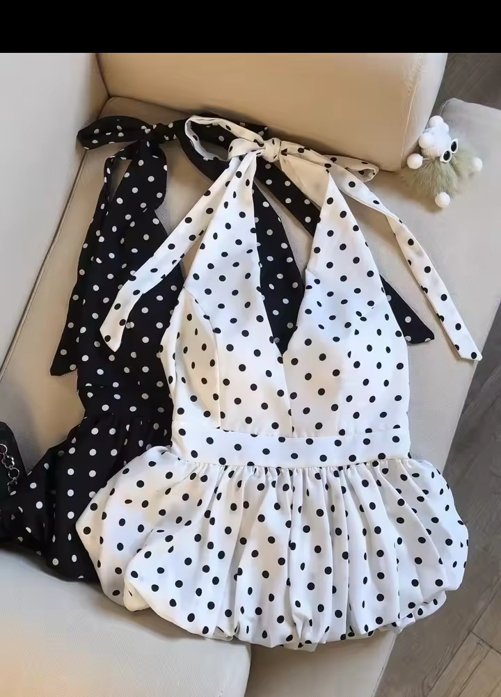 Vintage-Inspired Polka Dot Halter Peplum Top