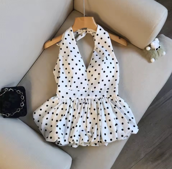 Vintage-Inspired Polka Dot Halter Peplum Top 2
