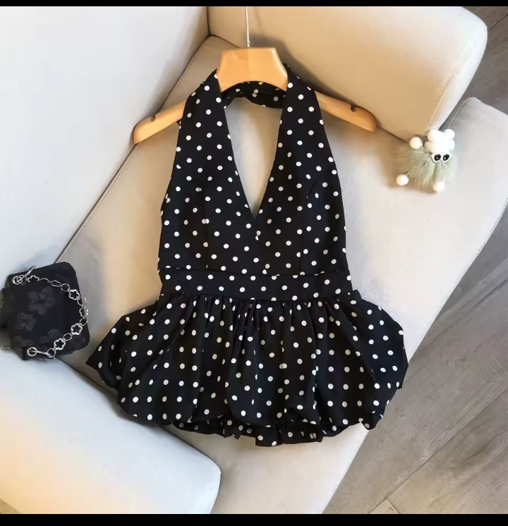 Vintage-Inspired Polka Dot Halter Peplum Top 3