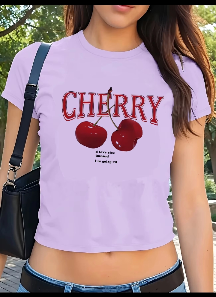 Women's Y2K Cherry Graphic Print T-Shirt, Short Sleeve Crew Neck Slim Fit Baby Tee, Retro Streetwear Crop Top