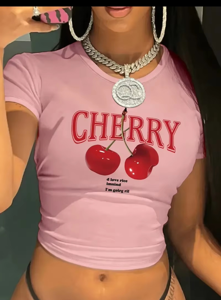 Women's Y2K Cherry Graphic Print T-Shirt, Short Sleeve Crew Neck Slim Fit Baby Tee, Retro Streetwear Crop Top 2