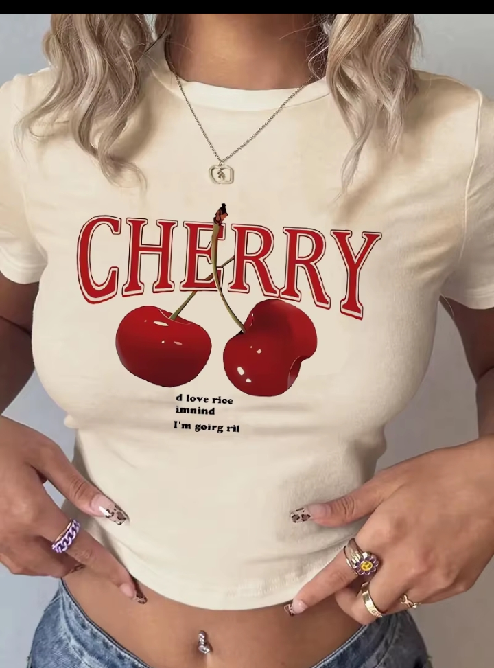 Women's Y2K Cherry Graphic Print T-Shirt, Short Sleeve Crew Neck Slim Fit Baby Tee, Retro Streetwear Crop Top 3