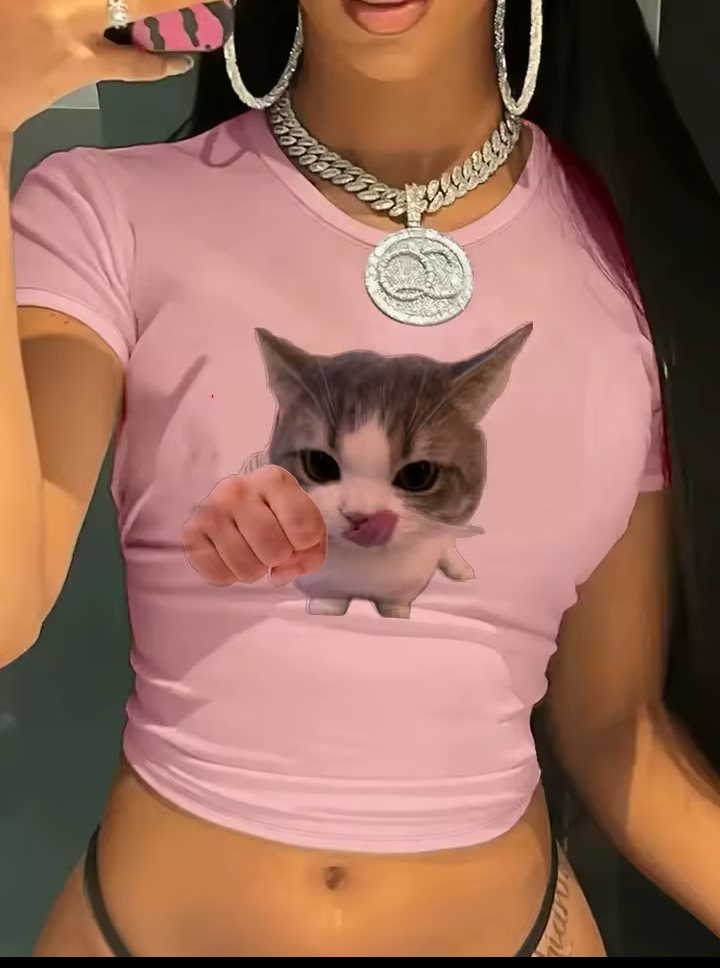 Women's Cute Cat Graphic Print T-Shirt, Funny Kitten Fist Bump Slim Fit Baby Tee, Y2K Style Short Sleeve Crop Top