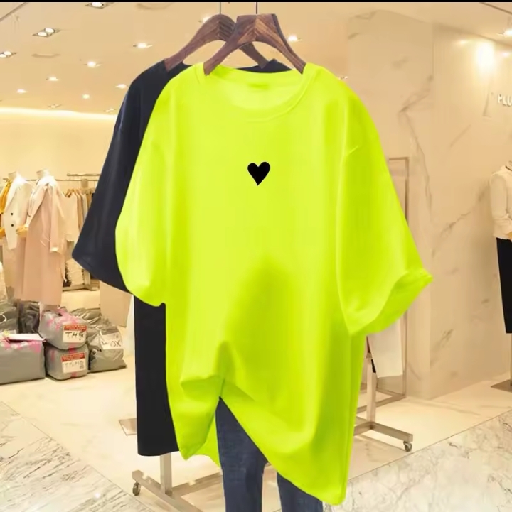 Women's Oversized Neon T-Shirt, Loose Fit Short Sleeve Crew Neck Tee, Casual Minimalist Heart Embroidered Graphic Streetwear Top