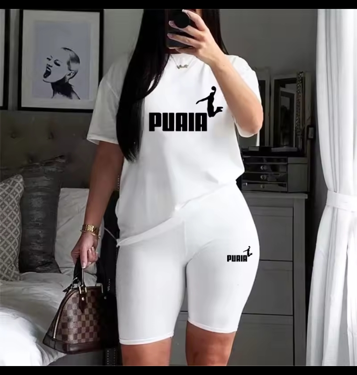 Women's Casual Two-Piece Loungewear Set, Graphic Print Loose Fit Short Sleeve T-Shirt & High Waisted Biker Shorts Sporty Tracksuit Set
