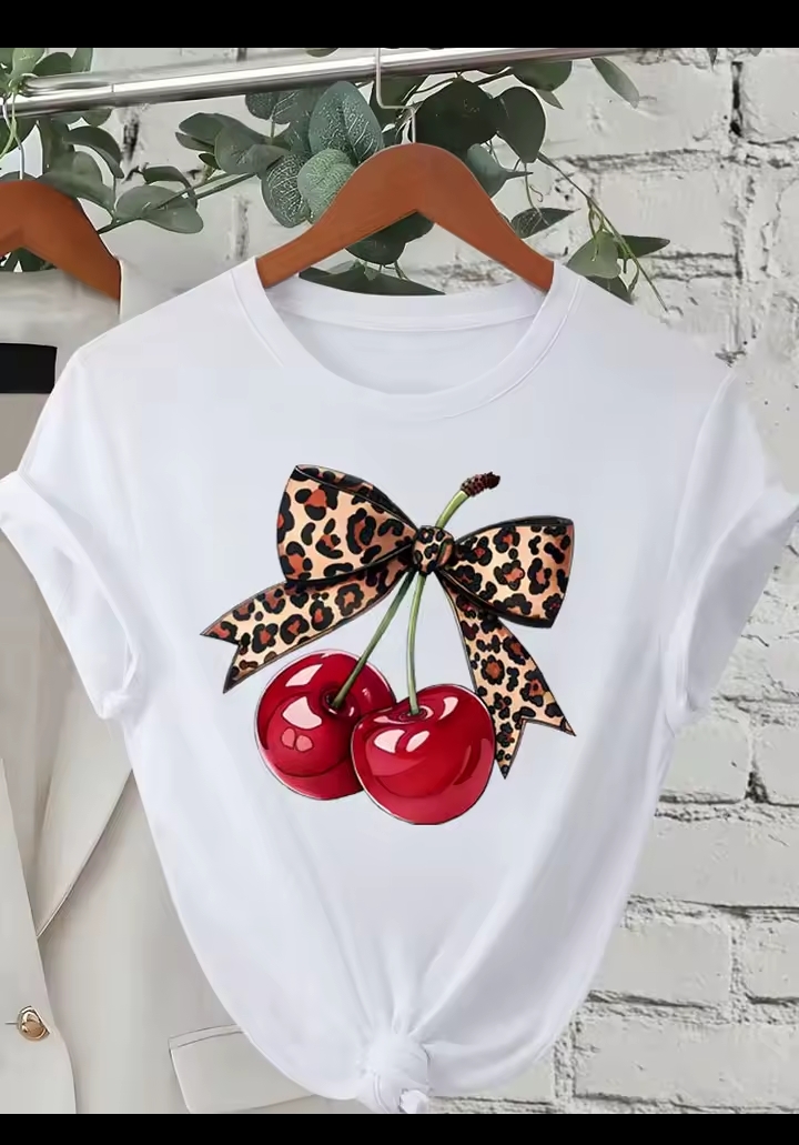 Women's Leopard Bow Cherry Graphic T-Shirt, Casual Short Sleeve Crew Neck White Tee, Retro Coquette Aesthetic Streetwear Top