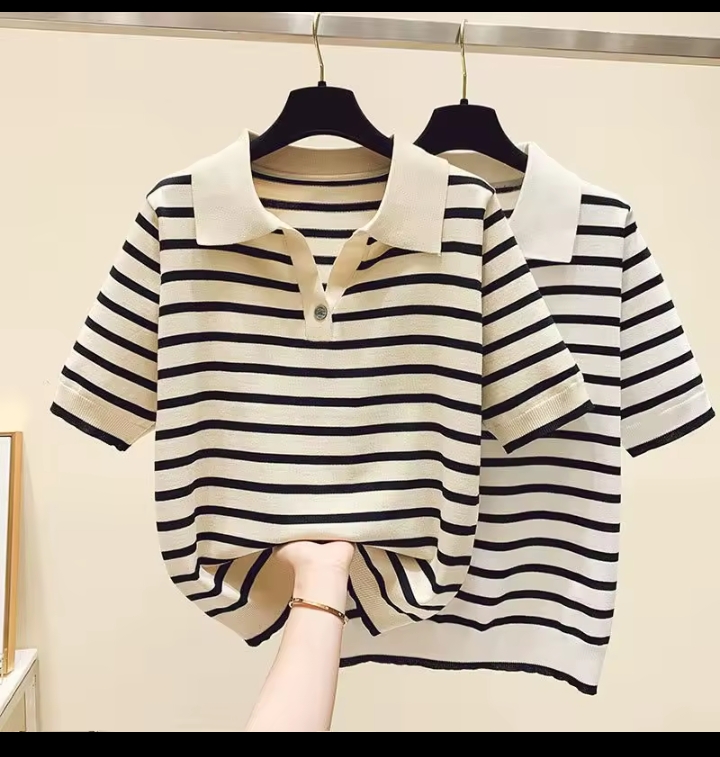 Women's Casual Striped Knit Polo Shirt, Short Sleeve V-Neck Lapel Collar Sweater Tee, Retro Preppy Style Slim Fit Top