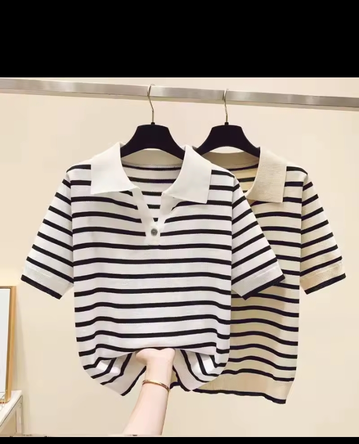Women's Casual Striped Knit Polo Shirt, Short Sleeve V-Neck Lapel Collar Sweater Tee, Retro Preppy Style Slim Fit Top 2