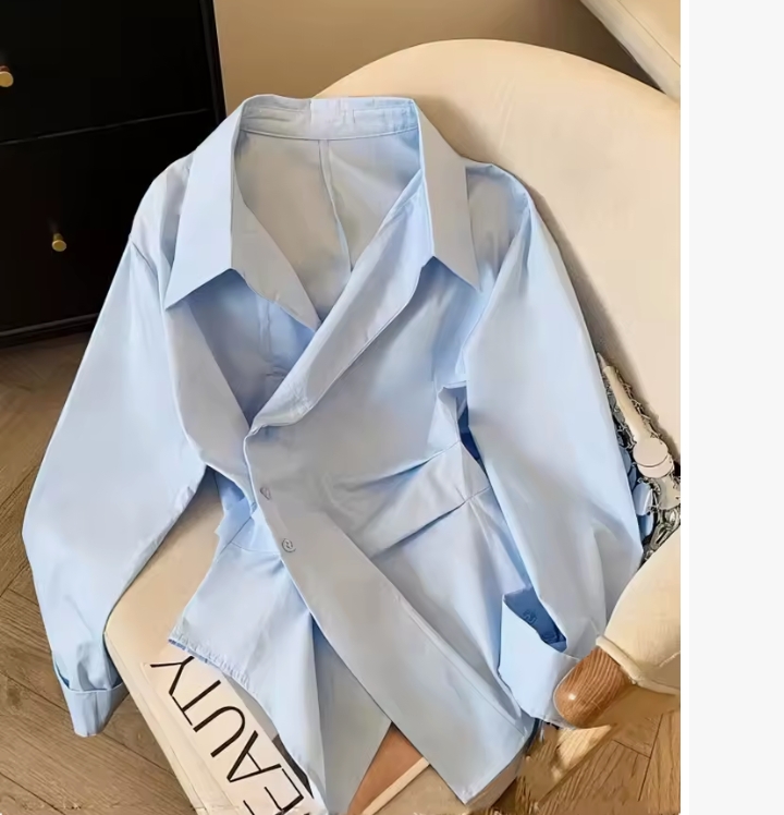 Women's Chic Asymmetric Tailored Blouse, Long Sleeve V-Neck Lapel Button-Down Shirt, Elegant Slim Fit Corset-Style White Top