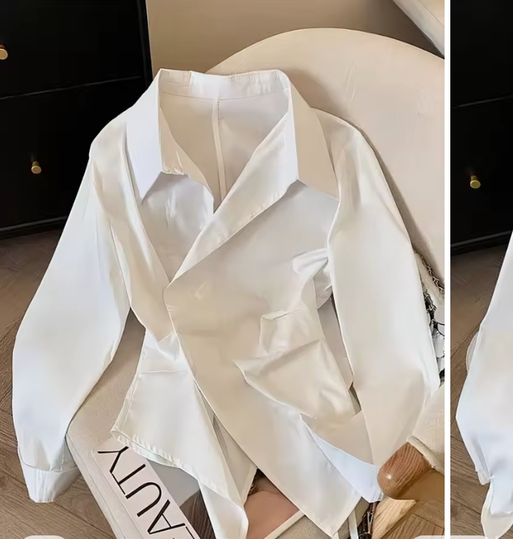Women's Chic Asymmetric Tailored Blouse, Long Sleeve V-Neck Lapel Button-Down Shirt, Elegant Slim Fit Corset-Style White Top