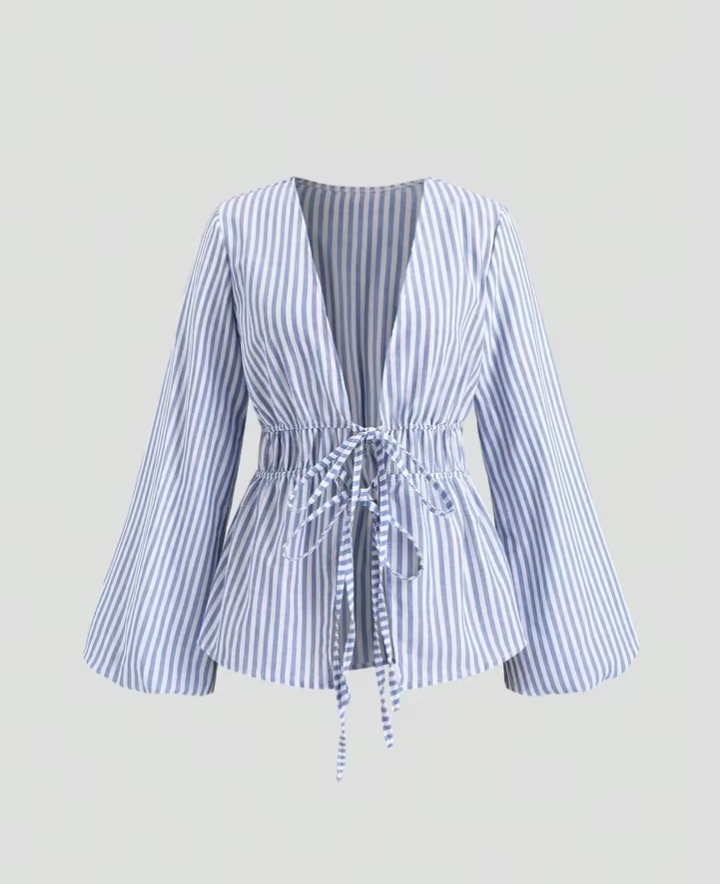 Women's Elegant Wide Sleeve Wrap Blouse, Casual V-Neck Lapel Collar Tie-Front Shirt, Chic Solid Color Kimono Sleeve Top