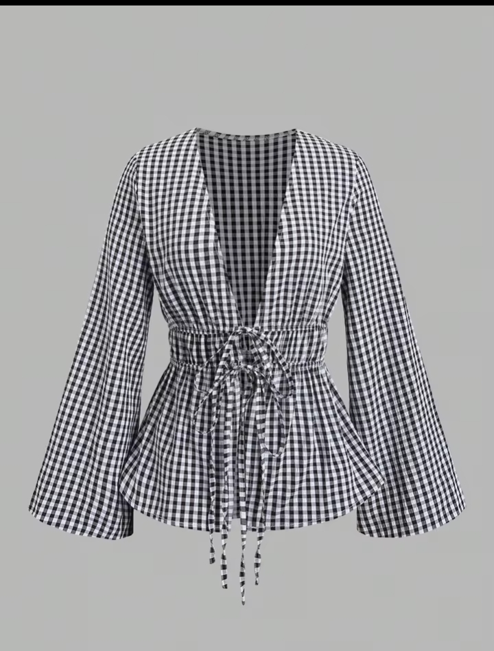 Women's Elegant Wide Sleeve Wrap Blouse, Casual V-Neck Lapel Collar Tie-Front Shirt, Chic Solid Color Kimono Sleeve Top 3