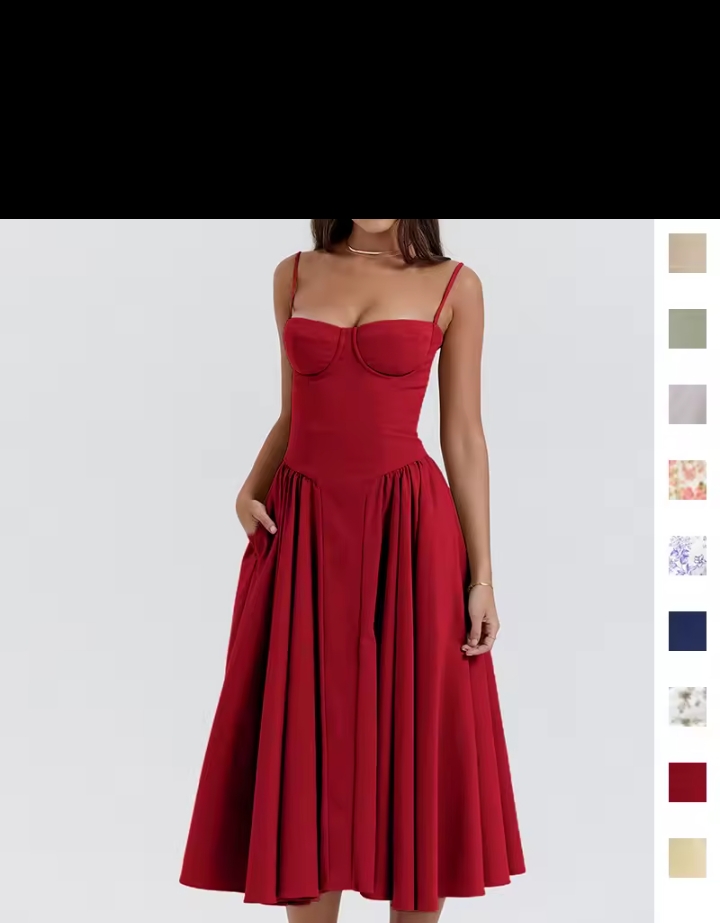 Women's Elegant Corset Midi Dress, Sweetheart Neck Bustier Spaghetti Strap A-Line Dress, Solid Color Vintage Evening Party Swing Dress with Pockets