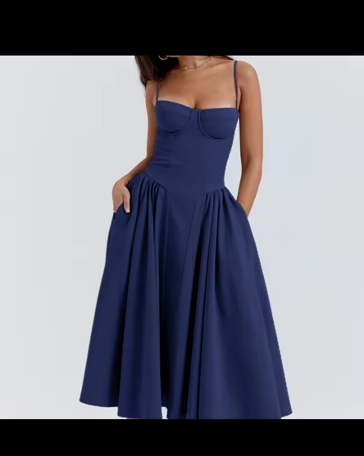 Women's Elegant Corset Midi Dress, Sweetheart Neck Bustier Spaghetti Strap A-Line Dress, Solid Color Vintage Evening Party Swing Dress with Pockets 2