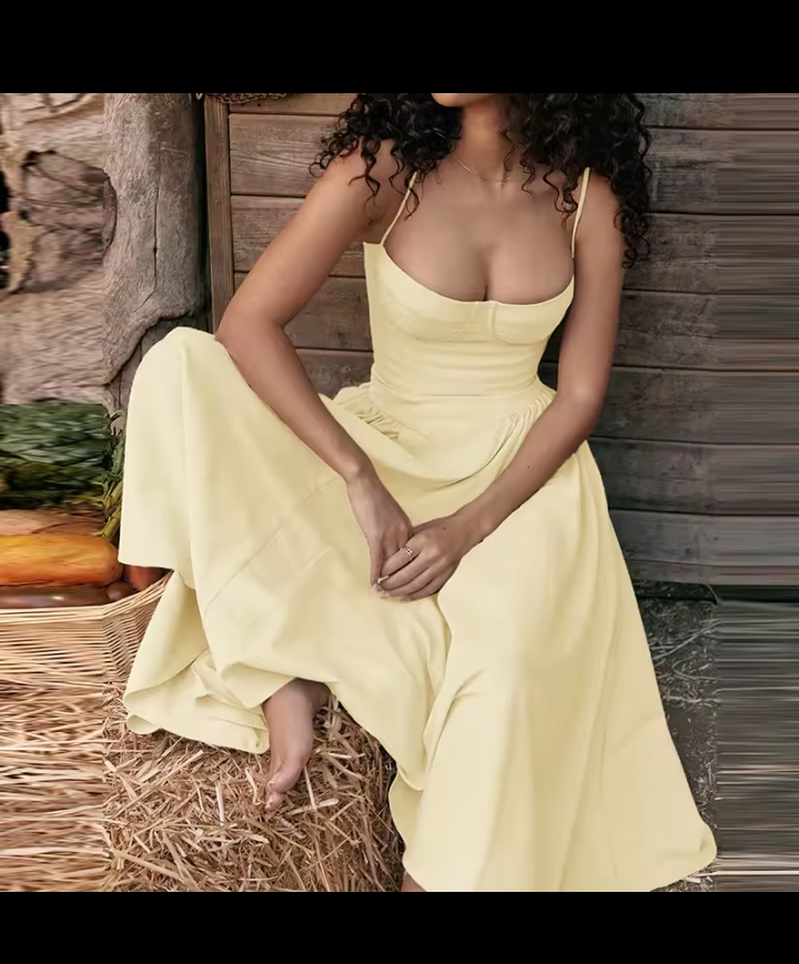 Women's Elegant Corset Midi Dress, Sweetheart Neck Bustier Spaghetti Strap A-Line Dress, Solid Color Vintage Evening Party Swing Dress with Pockets 3