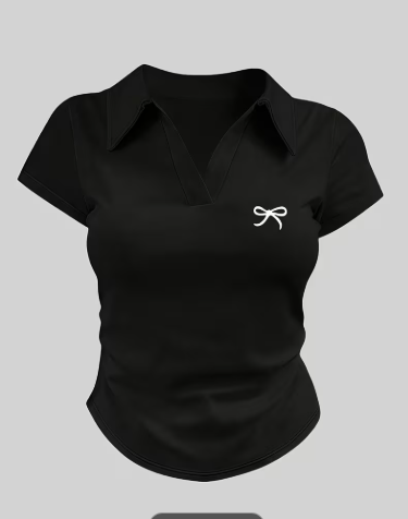 Women's Solid Color Collared V-Neck Short Sleeve T-Shirt with Embroidered Bow Detail 2