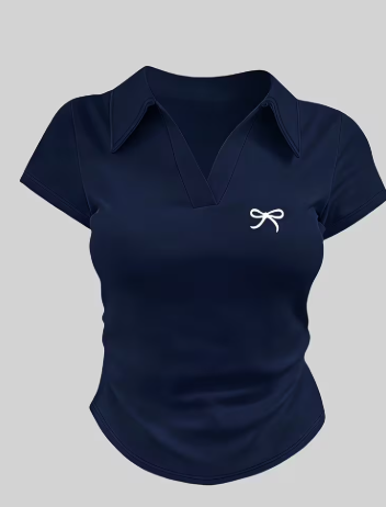 Women's Solid Color Collared V-Neck Short Sleeve T-Shirt with Embroidered Bow Detail 3