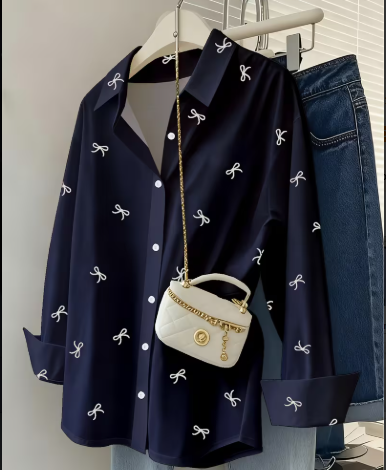 Women's All-Over Bow Print Button-Down Long Sleeve Collared Shirt