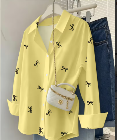 Women's All-Over Bow Print Button-Down Long Sleeve Collared Shirt 2