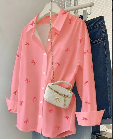 Women's All-Over Bow Print Button-Down Long Sleeve Collared Shirt 3