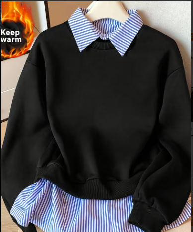 Women's 2-in-1 Fake Two-Piece Crewneck Sweatshirt with Striped Collar and Hem Shirt Insert