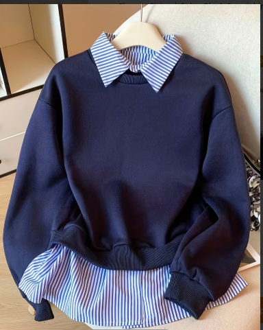 Women's 2-in-1 Fake Two-Piece Crewneck Sweatshirt with Striped Collar and Hem Shirt Insert 2