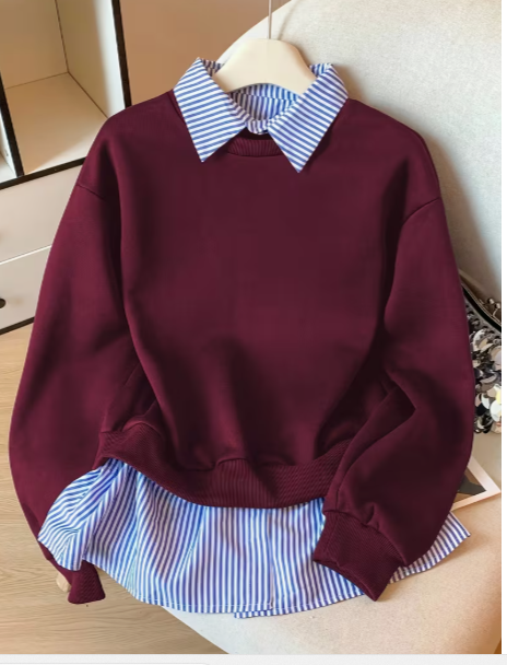 Women's 2-in-1 Fake Two-Piece Crewneck Sweatshirt with Striped Collar and Hem Shirt Insert 3