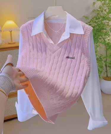 Women's 2-in-1 Fake Two-Piece Cable Knit Sweater Vest with Long Sleeve Collared Shirt Insert