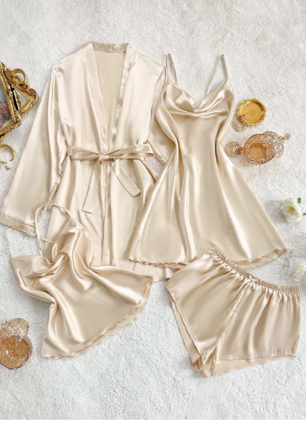 3-Piece Satin Sleepwear Set (Robo, Camisole, and Shorts)