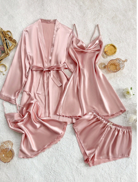 3-Piece Satin Sleepwear Set (Robo, Camisole, and Shorts) 3