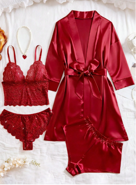 4pcs Solid Satin Pajama Set, Elegant Lace Trim Cami Top & Panties & Shorts With Robe, Women's Sleepwear & Loungewear