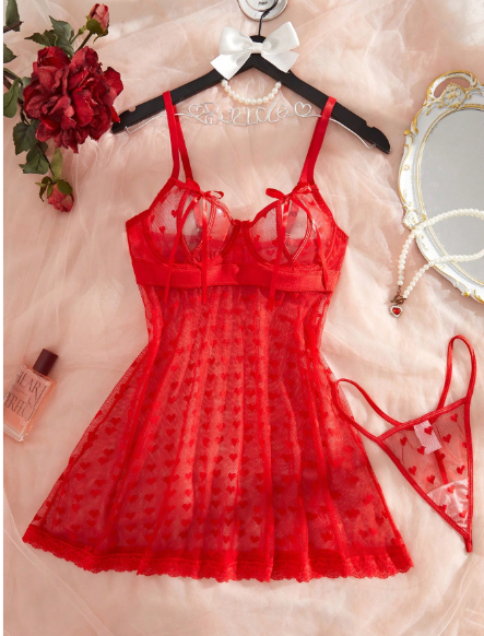 2pcs Heart Pattern Mesh Babydoll Set, Cute Cutout Bow Decor Cami Dress & Thong Panty, Women's Sexy Lingerie & Underwear